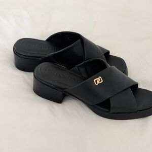 AEROSOLES Black Crisscross Slide Mules with Gold Accent